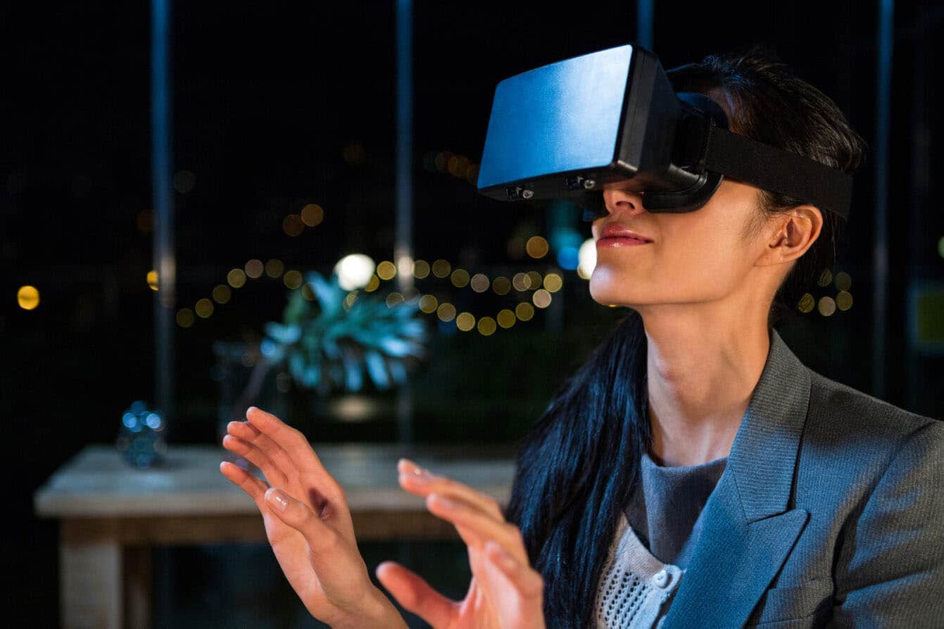 A woman wearing a virtual reality headset