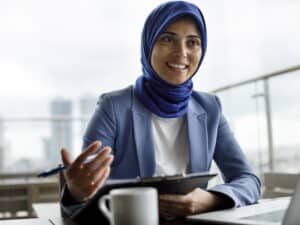 Woman engaging with others on video call