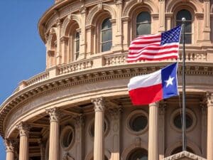 American and Texas Flag Flying, Texas State Capitol in Austin