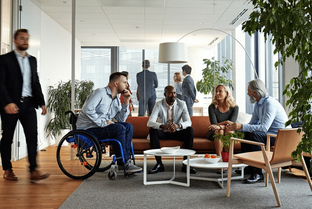 A group shot in an office setting, someone in a wheelchair sits alongside colleagues on a sofa