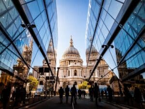 St Paul's photographed between glass buildings